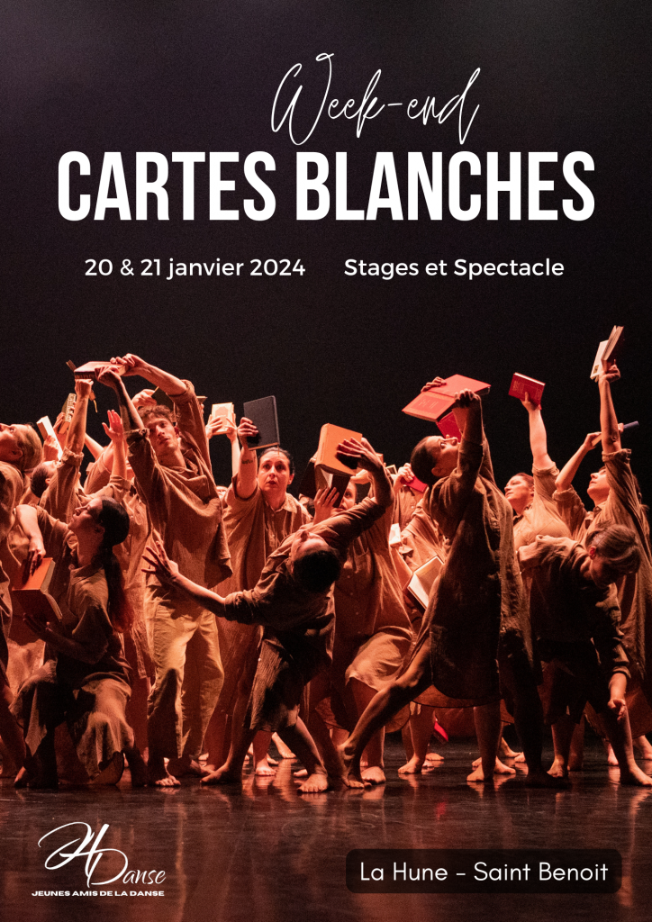 Affiche pour le Weekend "Cartes Blanches" des Jeunes Amis de la Danse.
20 & 21 janvier 2024.
Stages et spectacle.